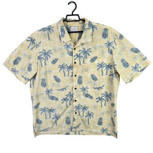 Mens Trader Bay Yellow Hawaiian Shirt Button Up Palm & Pineapple Polyester XL